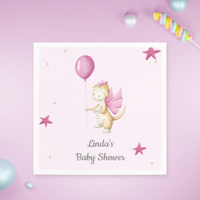 Blass Pink Baby Dragon mit Balloon Party Serviette (Cute pink baby shower paper napkins with an illustration of a baby dragon holding a pink balloon)