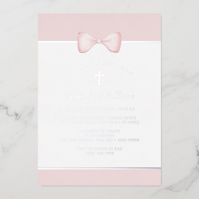 Blass Pink Bow Taufe Folieneinladung (Vorderseite)