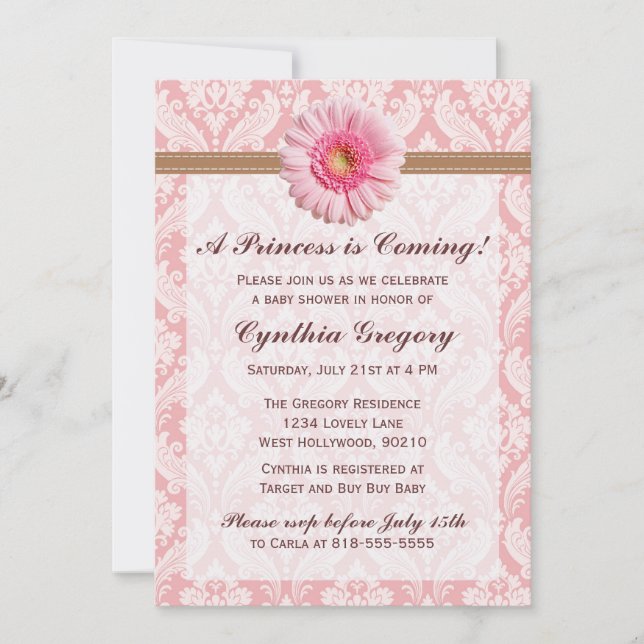 Blass Pink und Braun Daisy Babydusche Einladung (Vorderseite)