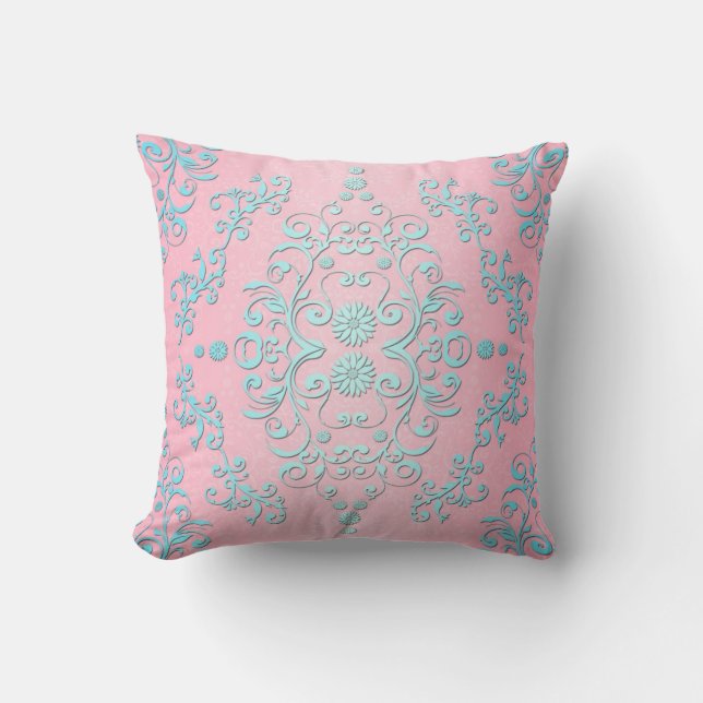 Blass Pink und Powdery Blue Damask Kissen (Vorderseite)