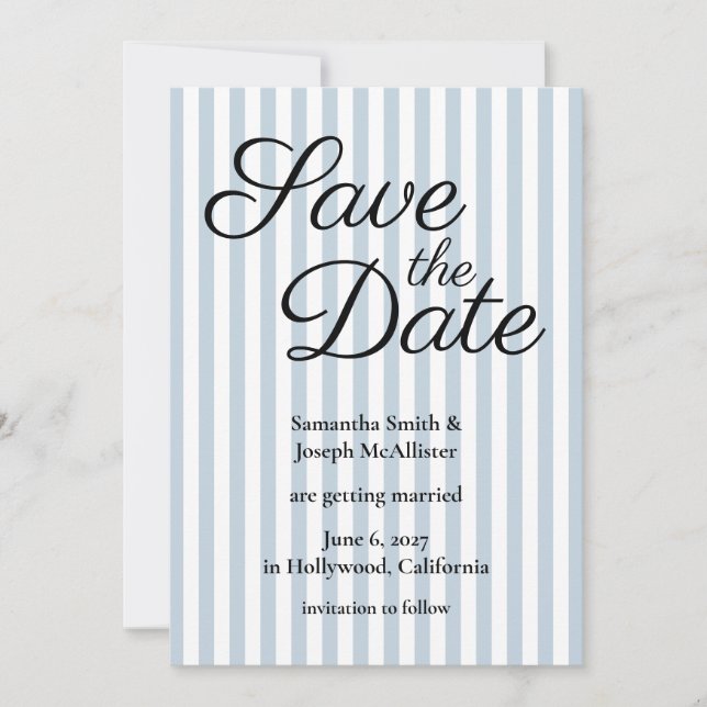 Blass staubblau und weiß gestreift save the date (Vorderseite)