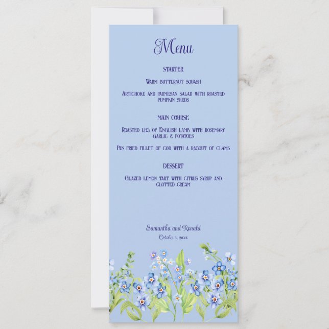 Blass Vergiss mich Nicht Blume Hochzeitmenü-Karte Einladung (Vorderseite)
