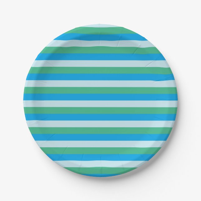 Blassblau, Aqua-Grün und türkisfarbene Streifen Pappteller (Vorderseite)