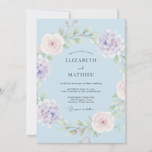 Blassblaue Elegante Botanische Hochzeit Einladung