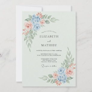 Blassblaue florale romantische Hochzeit Einladung