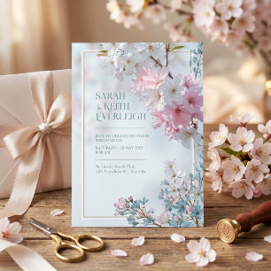 Blassblaue nebelige romantische Sakura Goldrahmen- Einladung