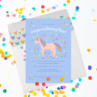 Blassblaue Pastel Rainbow Unicorn Geburtstagsparty Einladung