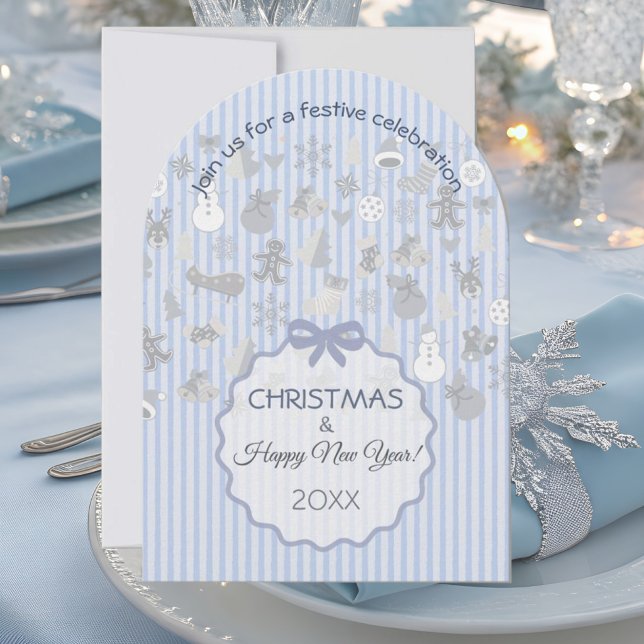 Blassblaue Pastellstreifen Whimsical Weihnachten S Einladung (Pale Blue Stripes Arch Whimsical Christmas Silver Front Side Design)