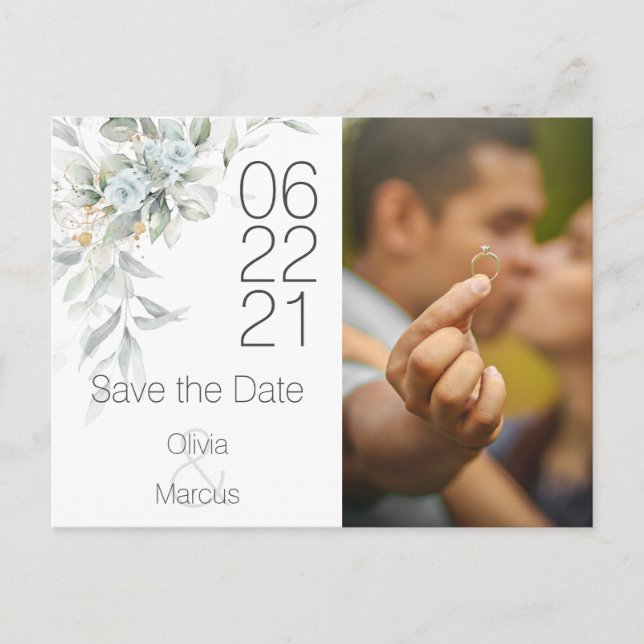 Blassblaue Rose Wasserfarben Foto Save the Date Postkarte (Vorderseite)