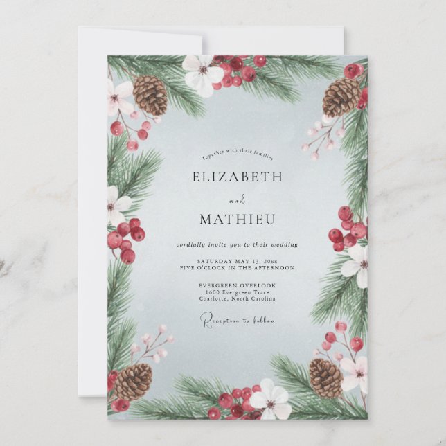 Blassblaue rustikale Winterhochzeit Einladung (Vorderseite)