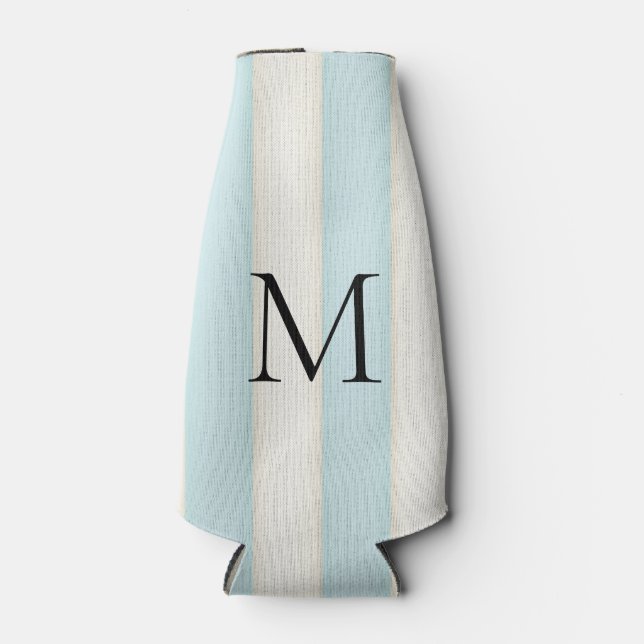 Blassblaue und antike weiße Streifen Mit Monogramm Flaschenkühler (Vorderseite)