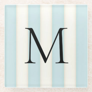 Blassblaue und antike weiße Streifen Mit Monogramm Glasuntersetzer