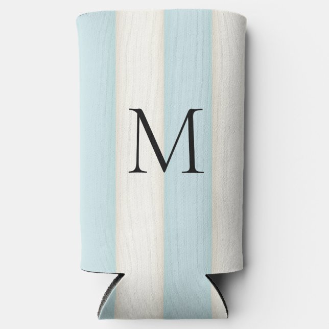 Blassblaue und antike weiße Streifen Mit Monogramm Selters Dosenkühler (Vorderseite)