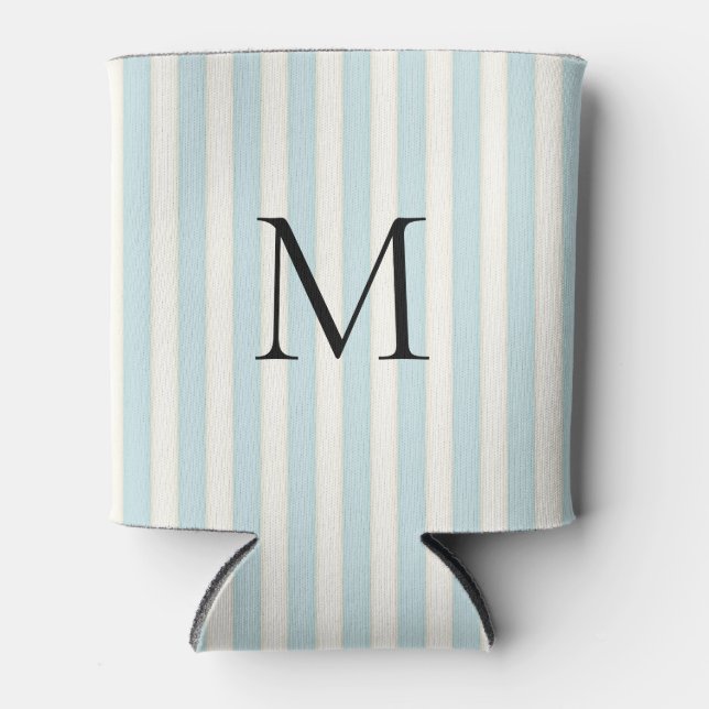 Blassblaue und Elfenbeinstreifen Mit Monogramm Dosenkühler (Vorderseite)
