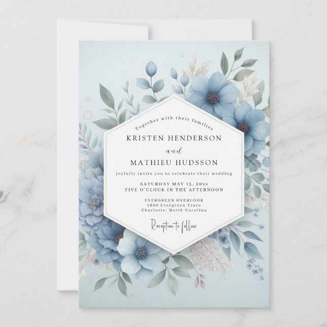 Blasse Blaue Blüten Hochzeit Einladung (Vorderseite)