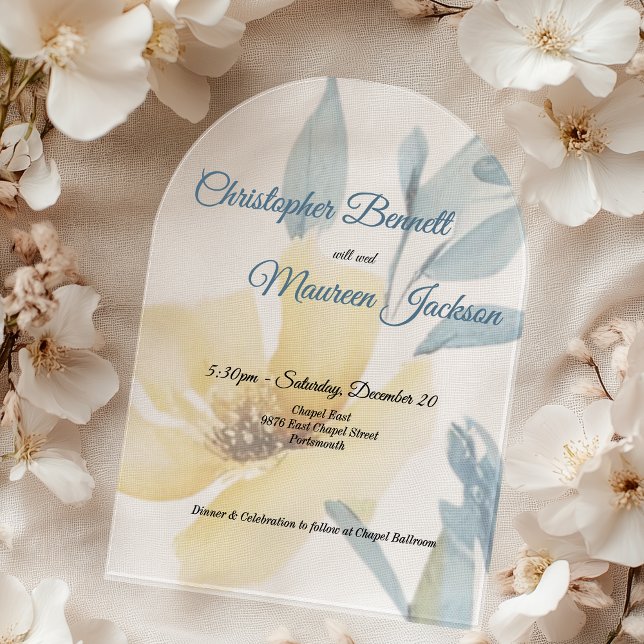 Blasse Butter Gelbe weiche blaue Blütenblume Hochz Acryleinladungen (Butter Yellow and Pale Blue Floral Acrylic Wedding Invitation)