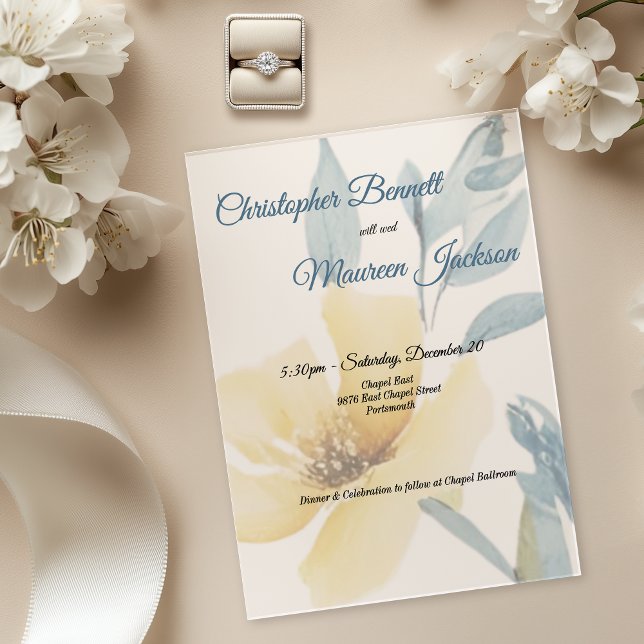 Blasse Butter Gelbe weiche blaue Blütenblume Hochz Acryleinladungen (Butter Yellow & Pale Blue Floral Acrylic invitation)