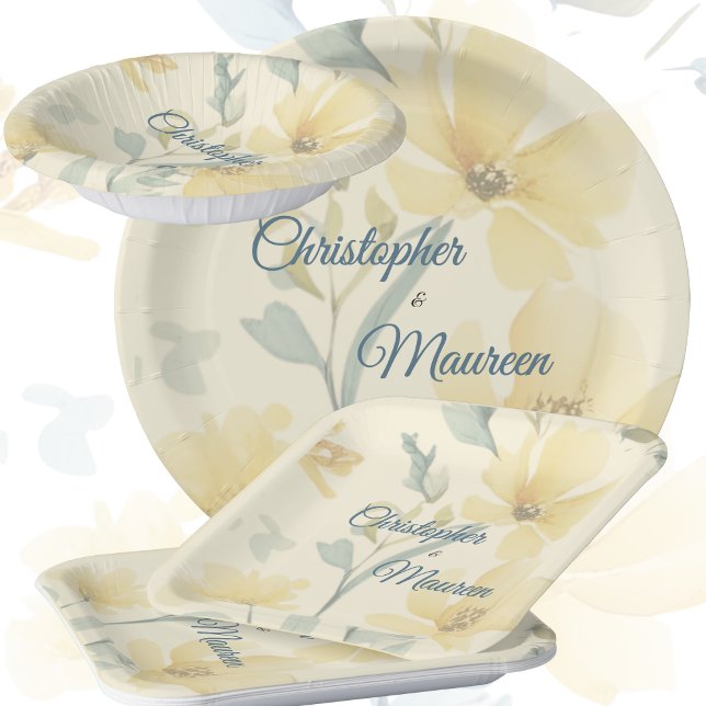 Blasse Butter Gelbe weiche blaue Blütenblume Hochz Pappteller (Butter Yellow & Blue Floral plates can be used for a variety of wedding gatherings)