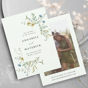 Blasse Grüne Zarte Wildblumen-Boho-Hochzeitsfoto Save The Date