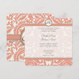 Blasse Korallen & Gray Damask Hochzeitseinladungen Einladung