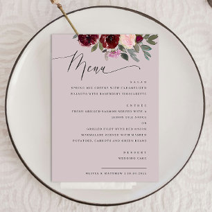 Blasse Malvenfarbene Hochzeit mit Blumen. Romantis Menükarte