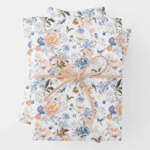 Blasse Pfirsich-Rosé Blau-Vogel  Geschenkpapier Set