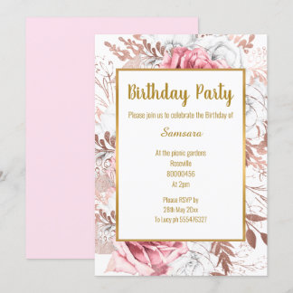 Blasse Rose Blumenstrauß Gold Trimm Geburtstag Wei Einladung