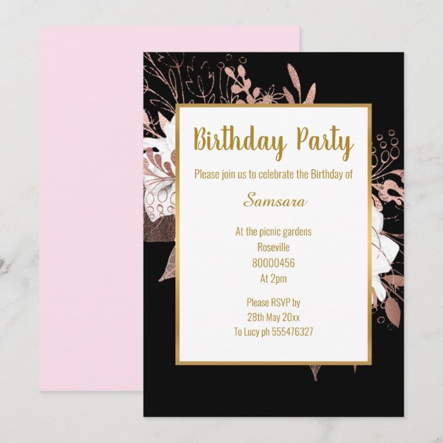 Blasse Rose Blütengoldtrick Birthday Black Einladung (Vorne/Hinten)