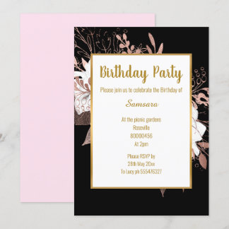Blasse Rose Blütengoldtrick Birthday Black Einladung