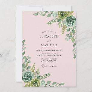 Blasse weiche rosa Sukkulenten-Eukalyptus-Hochzeit Einladung