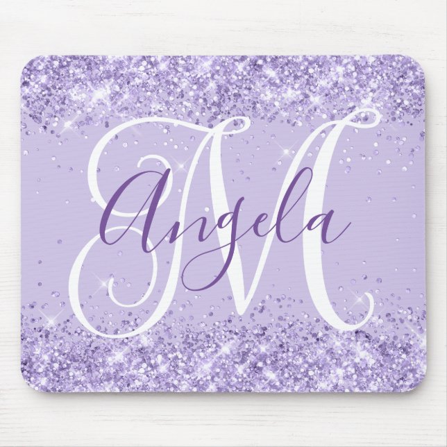 Blasser Lavender Glitzer Elegantes Script Monogram Mousepad (Vorne)