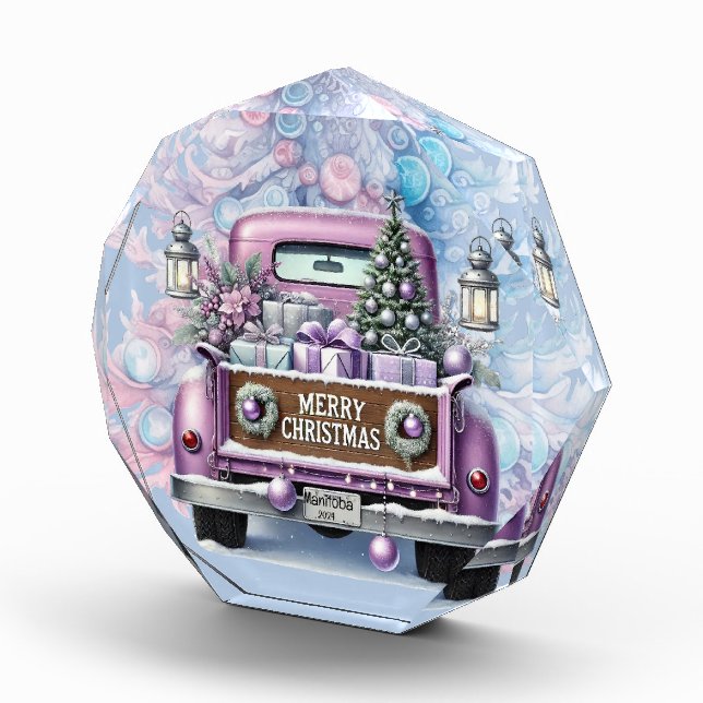 Blasser Lila Vintager Lkw Frohe Weihnachten Fotoblock (Rechts)