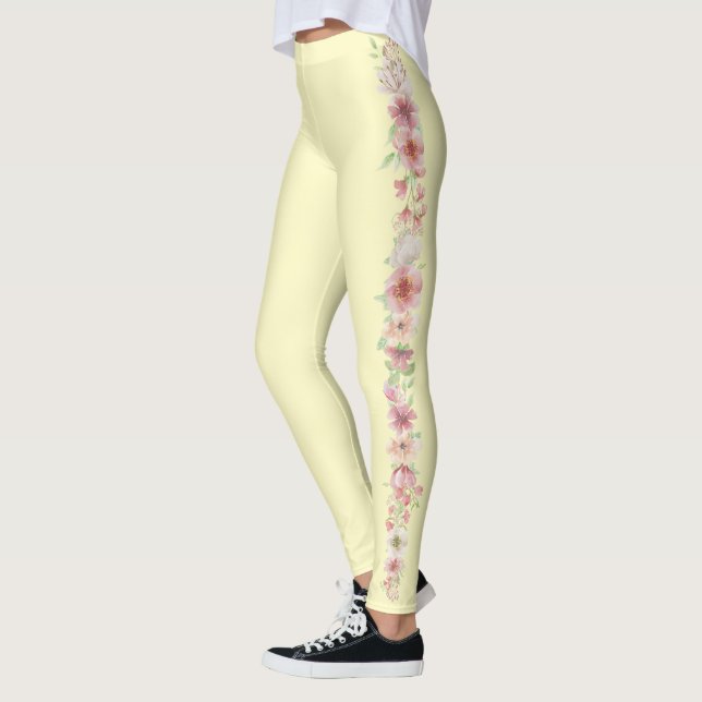 Blassgelb mit Blumenstreifen auf den Seiten Leggings (Links)