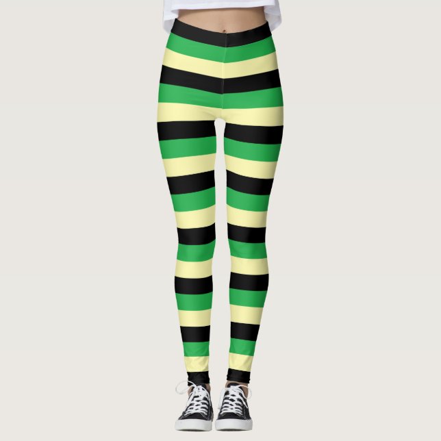 Blassgelbe, schwarze und grüne Streifen Leggings (Vorderseite)