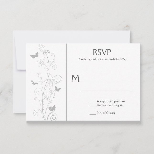 Blassgraue Schmetterlinge Verzierte Wirbel der Blü RSVP Karte (Vorderseite)