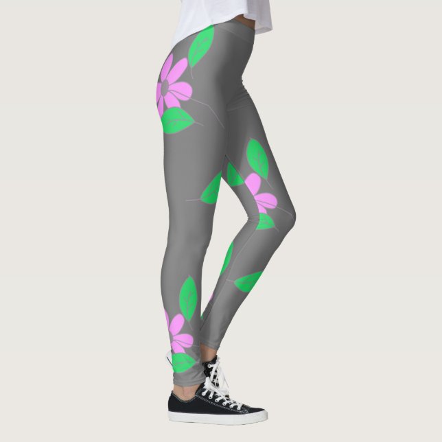 Blassgrüne Blätter Rosa Blume Sketch Leggings (Rechts)