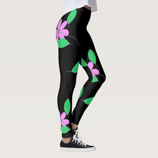 Blassgrüne Blätter Rosa Blume Sketch Leggings (Rechts)