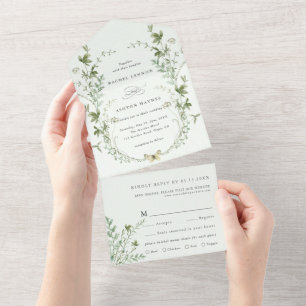 Blassgrüne elegante Aquarell-Wildblumen-Hochzeit All In One Einladung