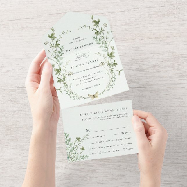 Blassgrüne Elegante Wildblume Hochzeit All In One Einladung (Abreißen)