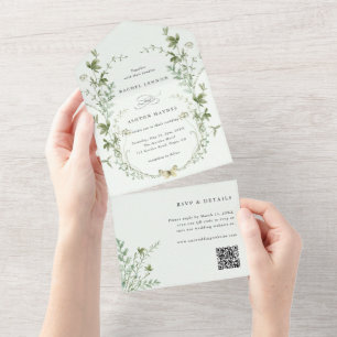 Blassgrüne Elegante Wildblume QR Code Hochzeit All In One Einladung