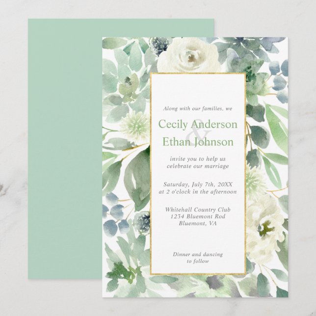 Blassgrüne Sukkulente und weiße Blume Goldhochzeit Einladung (Vorne/Hinten)