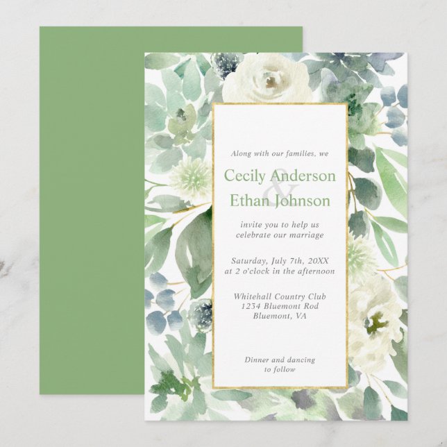 Blassgrüne Sukkulenten & weiße Blume Goldhochzeit Einladung (Vorne/Hinten)