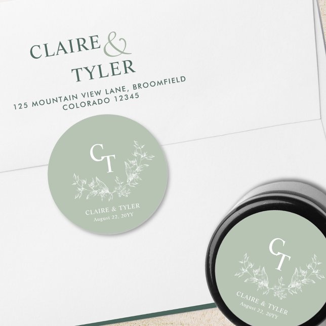 Blassgrüner Hochzeitstundenmonogramm-Umschlag Aufk Runder Aufkleber (Von Creator hochgeladen)
