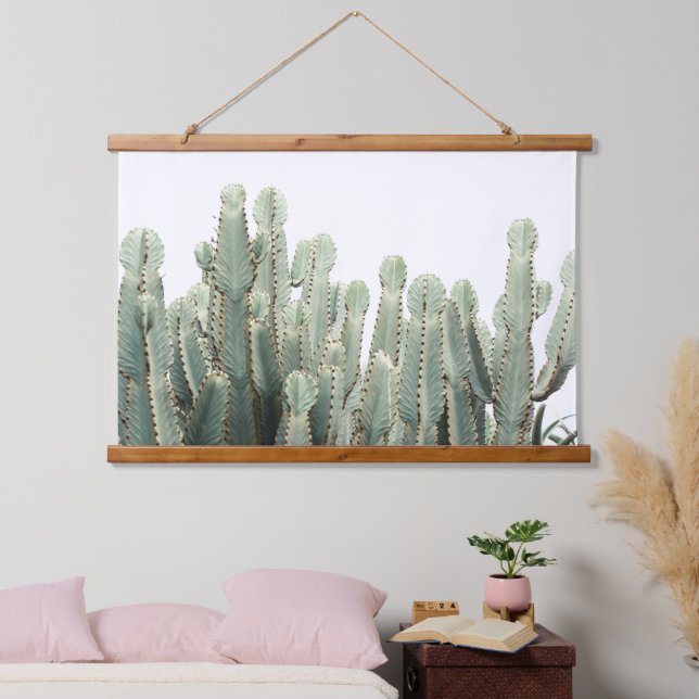 Blassgrüner Kaktus Pflanze Muster Minimalismus Wandteppich Mit Holzrahmen (Schlafzimmer)