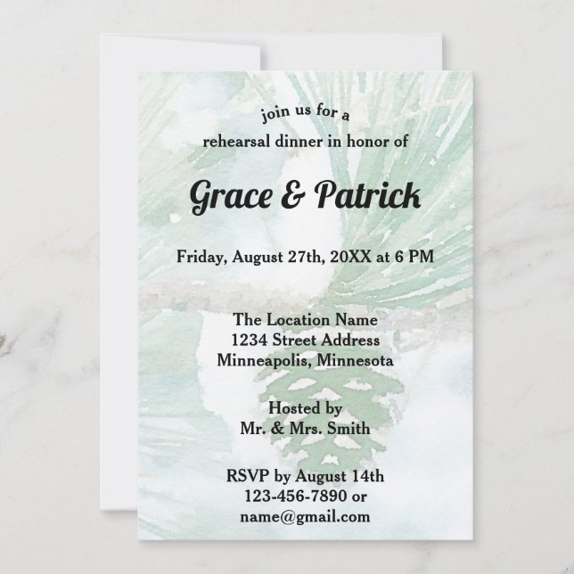 Blassgrüner Winter Pinienwald Probe Abendessen Einladung (Vorderseite)