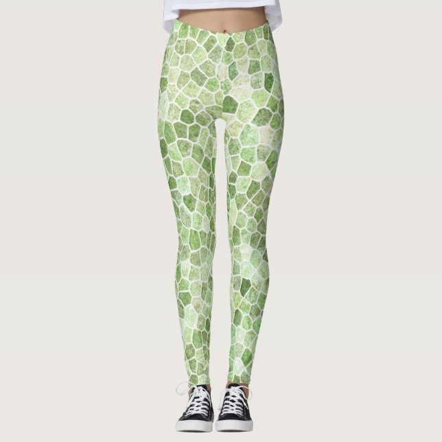 Blassgrünes Cobbled Patchwork Terrazo Muster Leggings (Vorderseite)