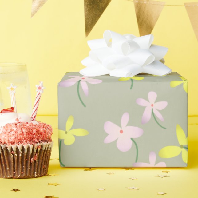 Blassolive Khaki Sage Beige Gelbe Rosa Blüte Geschenkpapier (Geburtstagsparty)