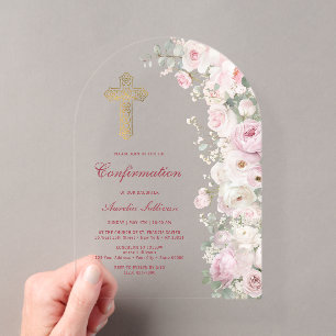 Blaßrosa Blumenbogen Konfirmation Acryleinladungen