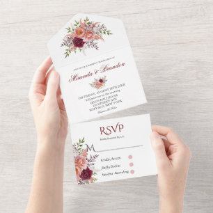 Blassrosa Burgunder Aquarell-Pfingstrose Hochzeit  All In One Einladung