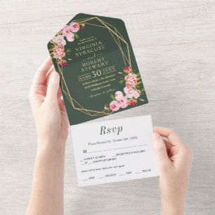 Blassrosa geometrische königliche grüne Hochzeit All In One Einladung
